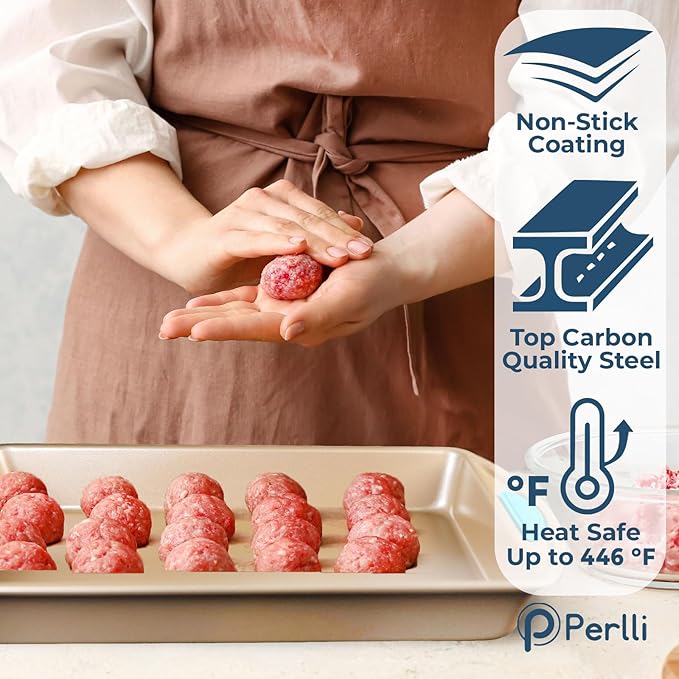Perlli Baking Kit: Nonstick Gold Steel Oven Set - 6 Pieces, Round Cake Pan, Loaf Pan, Square Pan, Muffin Pan, Cookie Sheet, Roaster - Silicone Handles