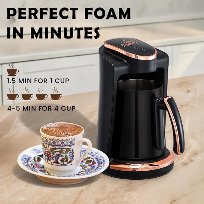 Any Morning Turkish & Greek Coffee Maker-Machine, 1 to 4 Cups Capacity, 100% BPA Free, 400W Electric Coffee Pot with Cook Sense Technology, Anti-Spill Design, Authentic Foamy Brew, Black