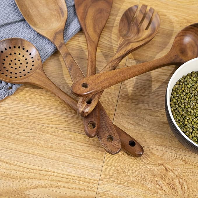 Wood Utensils Set for Cooking, Teak Wooden Utensils Set Wood Spatula for Nonstick Cookware Kitchen Utensils Set 5