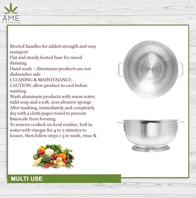 (12-QT) Aluminum Colander with Handles and Base Heavy Duty Commercial Grade