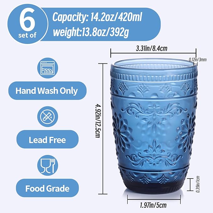 abrwyy 6Pcs 14OZ Drinking Highball Beverage Glass Cup, Blue Drinking Glasses, Colored Glassware Set for Party Wedding, Home, Office, Water, Juice, Cocktail, Highball Glasses