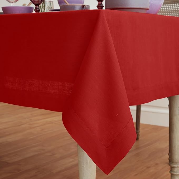 Solino Home Linen Red Tablecloth 60 x 84 Inch - 100% Pure Linen Rectangular Tablecloth - Machine Washable Table Cloth for Christmas, Holiday, Winter, New Year - Fete
