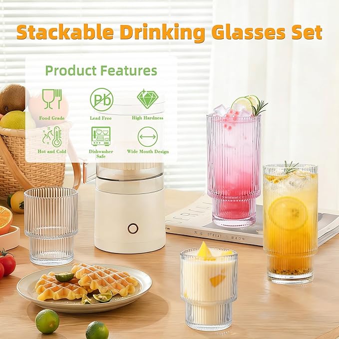 Drinking Glasses Set of 4, 16oz Glass Cups & 7oz Glasses Drinking Set, Stackable Drinkware Set, Vintage Glassware for Iced Coffee, Whiskey, Juice, Cocktail