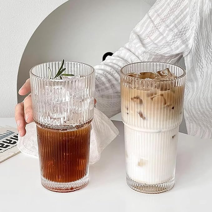 Drinking Glasses，19oz Ribbed Glassware, 4 Pack Old Fashioned Glasses,Thickened glass for iced coffees, smoothies, cocktails and juices, perfect for families and parties (4)