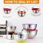 CHAREADA Mixing Bowls with Airtight Lids, 18pcs Stainless Steel Nesting Mixing Bowls Set Non-slip Silicone Bottom, Size 4.5, 3.6, 2.7, 2.1, 1.7, 1.1, 0.7 qt, Fit for Mixing & Serving(Colorful)