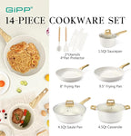 GiPP Pots and Pans Set Non Stick - 14 Pcs White Granite Kitchen Cookware Sets Nonstick Induction Cookware Cooking Pan Set with Frying Pans, Saucepans and Silicone Utensils, PFOS & PFOA Free