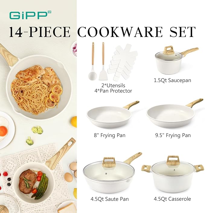 GiPP Pots and Pans Set Non Stick - 14 Pcs White Granite Kitchen Cookware Sets Nonstick Induction Cookware Cooking Pan Set with Frying Pans, Saucepans and Silicone Utensils, PFOS & PFOA Free