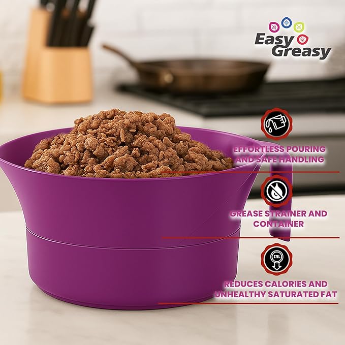 3-Piece Colander Grease Strainer Set – Purple Grease Separator with Handle, Container & Lid – Strains Bacon, Pasta, Ground Beef – BPA-Free Kitchen Gadget