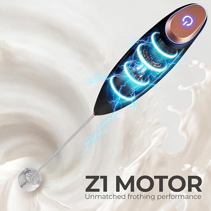 Zulay Kitchen Patented Tornado Triple Whisk Milk Frother with 4 Duracell Batteries – Handheld Foam Maker for Coffee, Lattes, Matcha & Hot Chocolate – Rich, Creamy Froth in Seconds - Black & Copper