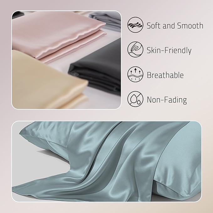 Mulberry Silk Pillow Case for Hair and Skin Prevent Acne Pillowcases Both Sides Real Silk Pillowcases Organic Silk Pillowcase with Hidden Zipper, Haze Blue, Queen (20"×30")