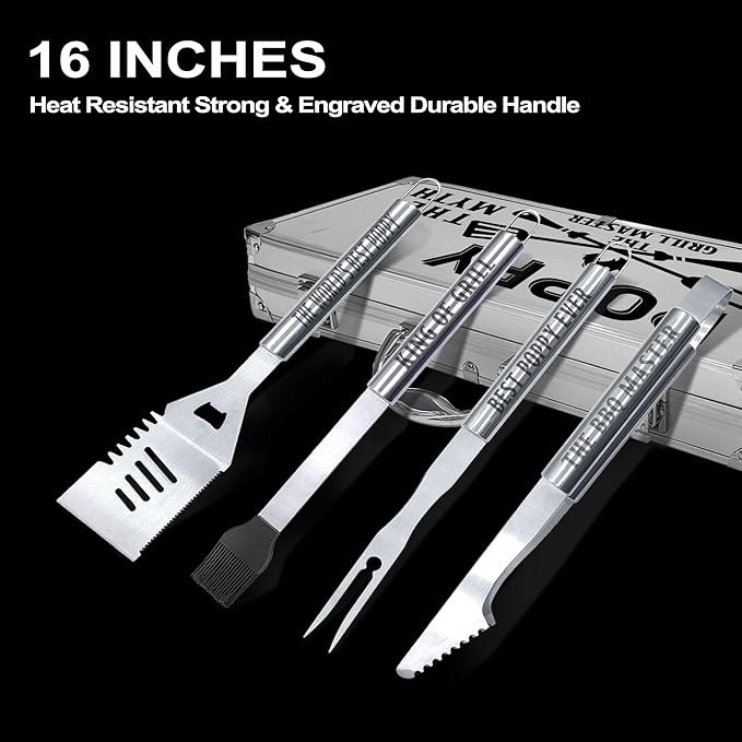 Poppy Gifts, Christmas Poppy Gifts for Grandpa from Grandkids Heavy Duty Grilling Accessories Kit for Backyard BBQ, Thick Stainless Steel Grill Utensils with Non-Slip Handle Tool for Man on Birthday