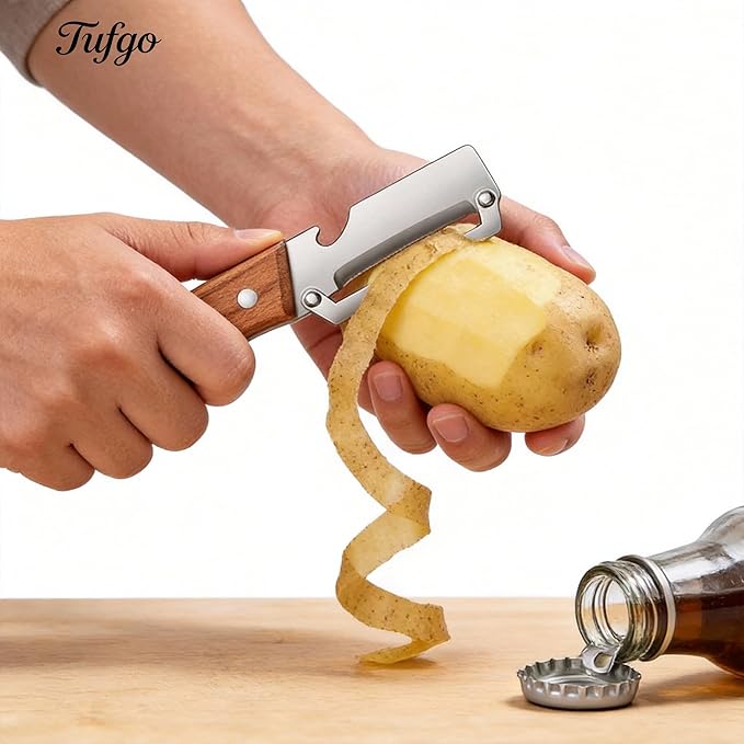 2 Pack 2 in 1 Multi Functional Vegetable Peeler with Bottle Opener and Wooden Handle Stainless Steel Blade Kitchen Tool for Sugar Cane Potato Fruit Pineapple Pumpkin Papaya Carrot Veggie Peeler