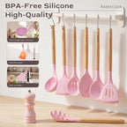 Astercook Kitchen Utensils set, 39 PCS Silicone Cooking Utensils Set with Wooden Handle, 446°F Heat Resistant Food Grade Utensil Sets, BPA Free Kitchen Gadgets Tools Set for Nonstick Cookware (Pink)