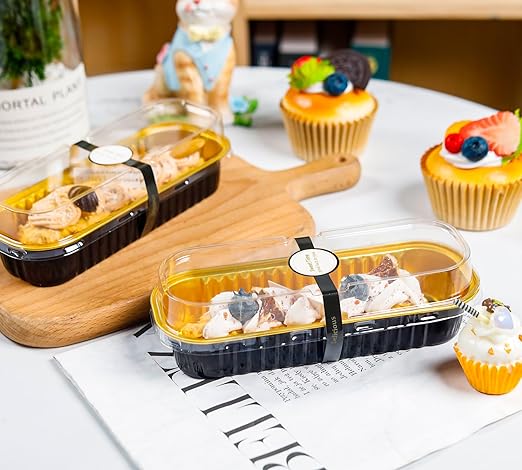 NPLUX 50 Pack Mini Cake Pans with Lids and Spoons Black Gold Rectangular Aluminum Foil Baking Pans Mini Cheesecake Containers(6.8oz)