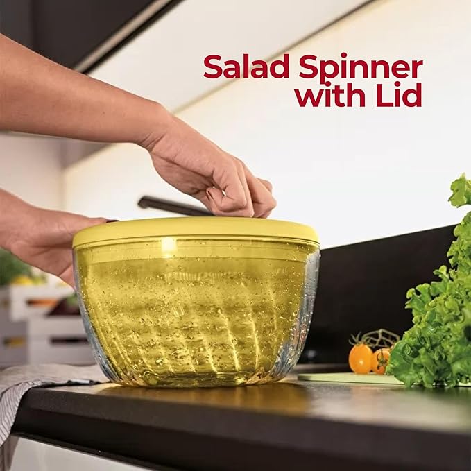 GUZZINI 10" Salad Spinner with Lid - Acid Yellow, Wash, Spin & Dry Vegetables, Fruits, Salad, Built in Draining - Fruit Washer Fruit Dryer, Home Gadgets & Kitchen Tools
