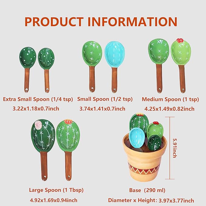 Cactus Measuring Spoons Set in Pot, Cute Ceramic Measuring Spoons and Cups, Kitchen Cacti Spoon with Holder, Baking Measuring Cups Ornaments Gift
