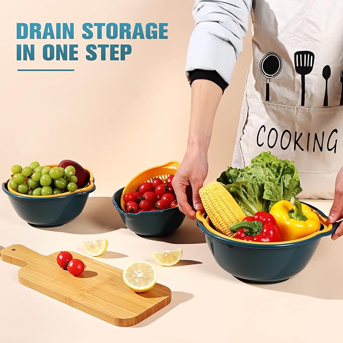 6 Pieces Colander with bowl, Food Strainer for Pasta Veggies and Fruits, BPA Free, Dishwasher Safe (blue)