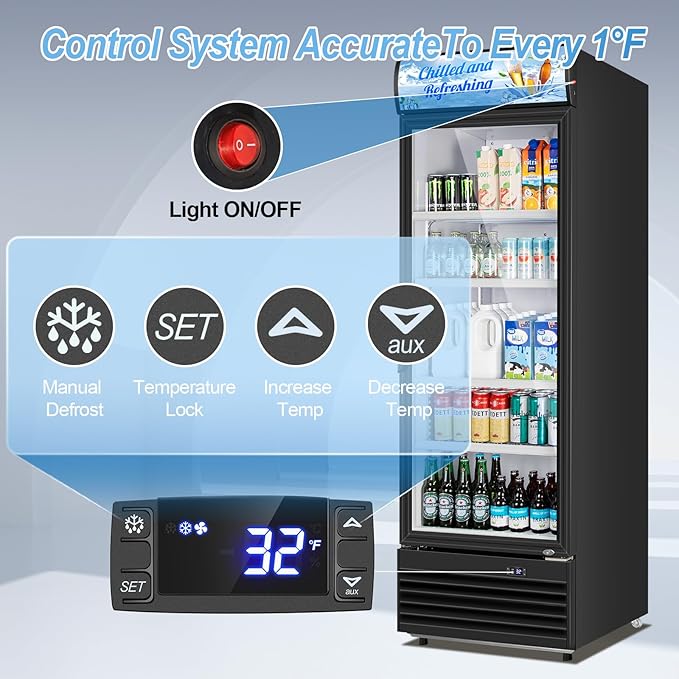Tylza Commercial Refrigerator with Glass Door Display Beverage Fridge, 11.15 Cu Ft Upright Beverage Cooler Merchandiser with Replaceable Advertising Light Board, Rebound Door, Fast Cooling, Black