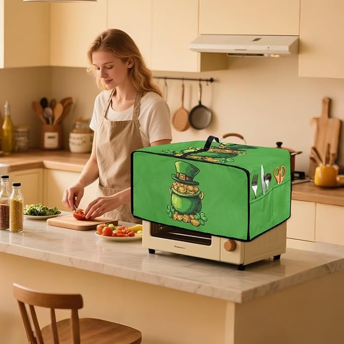 Clover Top Hat Gold Lucky Coin Print Toaster Oven Cover for St. Patrick's Day Decor, Microwave Cover for Kitchen Countertop Appliance Dust Protector Decorative Oven Accessories, Green, S