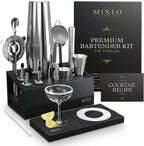 Mixology Bartender Kit -15Pcs Bar Set Cocktail Shaker Set w Black Bar Cart Accessories Stand - Shakers Bartending Silver Tools, 24oz Shaker, 17 Recipe Cards, Martini Barware
