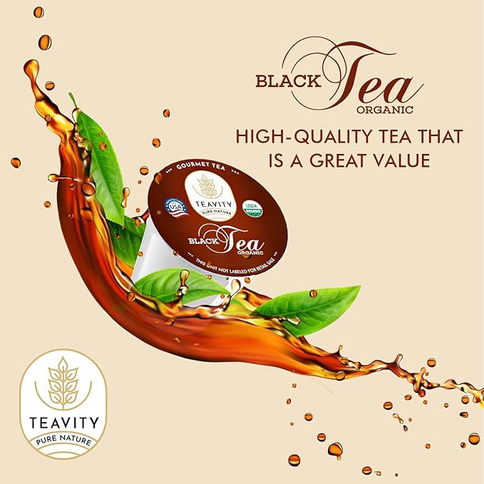 Teavity Organic Black Tea Pods for Keurig - Premium Unsweetened, Naturally Caffeinated Tea for KCup - Hot or Iced (36 Pods)