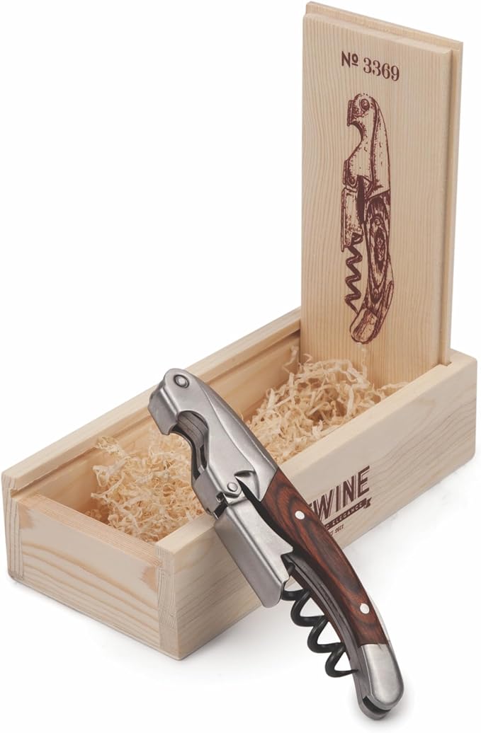 Twine Double Hinged Waiters Corkscrew Wine Opener in Wooden Gift Box, Durable Stainless Steel with Built-in Bottle Opener and Foil Cutter for Home Bar, Kitchen, Travel, Gifts for Wine Lovers, Set of 1