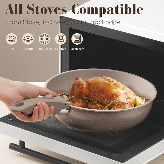 SODAY 15Pcs Pots and Pans Set Non Stick, Cookware Sets with Detachable Handle, Nonstick RV Kitchen Cooking Tools Removable Handles, Oven Safe, Induction Fast, Stackable Induction Cookware, Brown