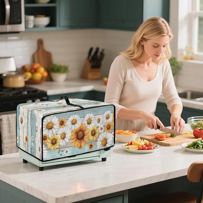 Wooden Board Daisy Print Toaster Oven Dust-proof Cover for Kitchen Small Appliance Fingerprint Protection Decorative Countertop Oven Protector (Large-18.5 * 22.5 * 12.99 inches)