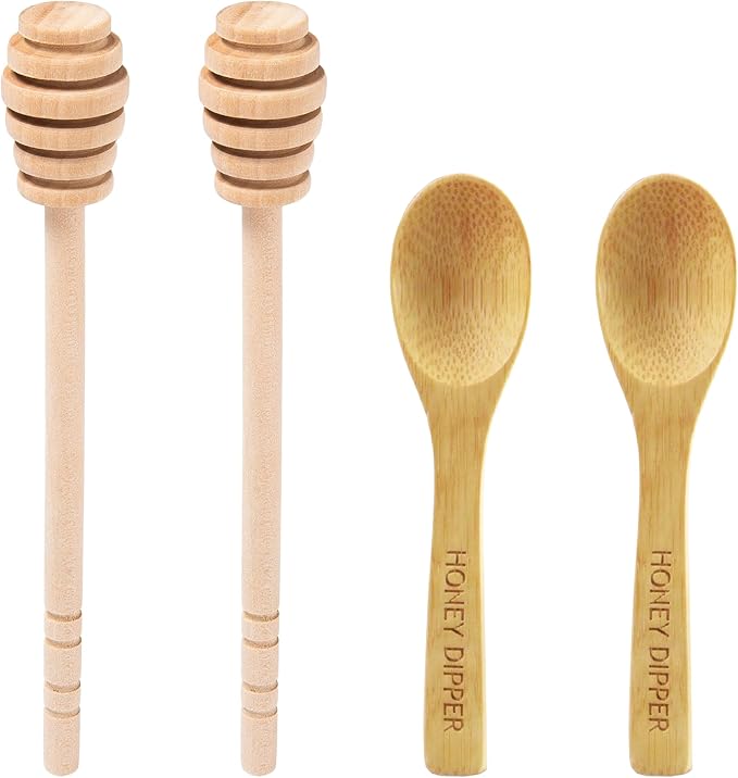DESIOLE 4Pcs Wooden Honey Dipper Sticks, 6.3 Inch Honey Comb Stick, Mini Honey Mixing Stirrer Spoon for Honey Jar Dispense Drizzle Honey Wedding Party