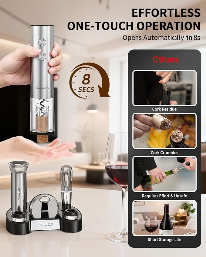 CIRCLE JOY Electric Wine Bottle Opener Set Stainless Steel Rechargeable Wine Opener 8-in-1 Wine Gift Set with Charging base, Foil Cutter, Wine Aerator Pourer, Vacuum Pump & 2 Wine Stoppers