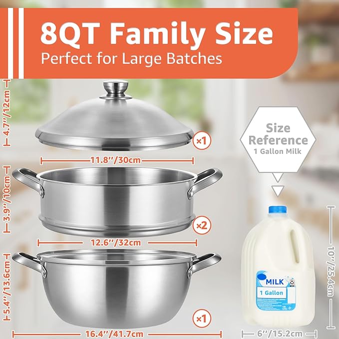 LOLYKITCH 8-Quart/ 30CM Stainless Steel Steamer Pot - 3 Tier Steamer for Cooking Dumplings & Veggies, 12 Inch Large Induction Stock Pot for All Stovetops, Heavy Duty