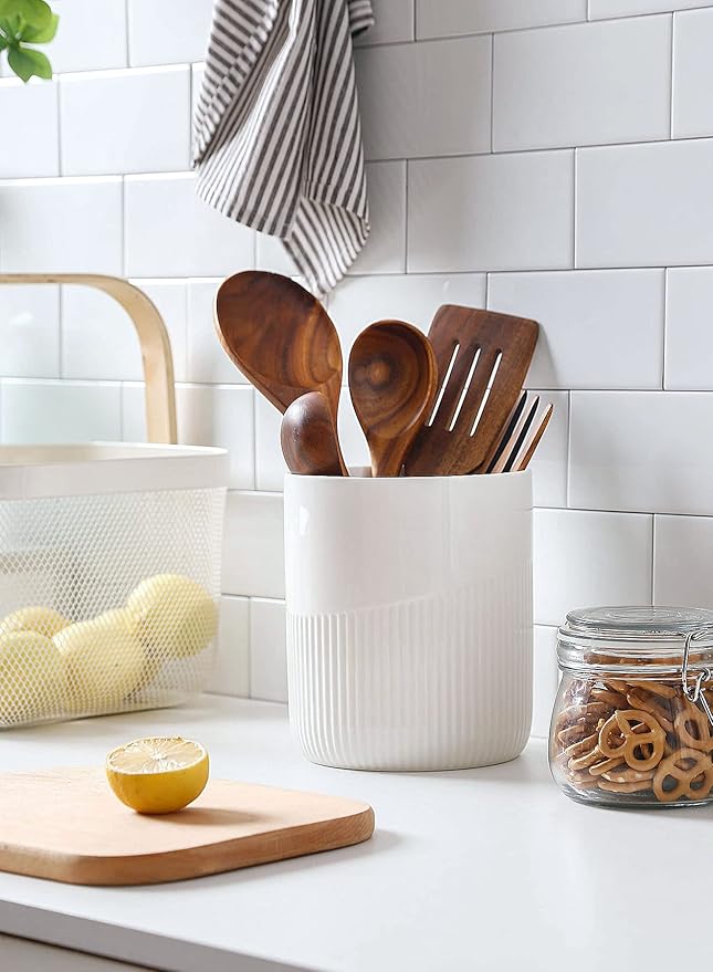 Onniyor Ceramic Kitchen Utensil Holder, 7" Large Stable Utensil Crock, Cooking Utensil Organizer for Counter, Kitchen Decor, spoon holder for countertop, Dishwasher Safe, White