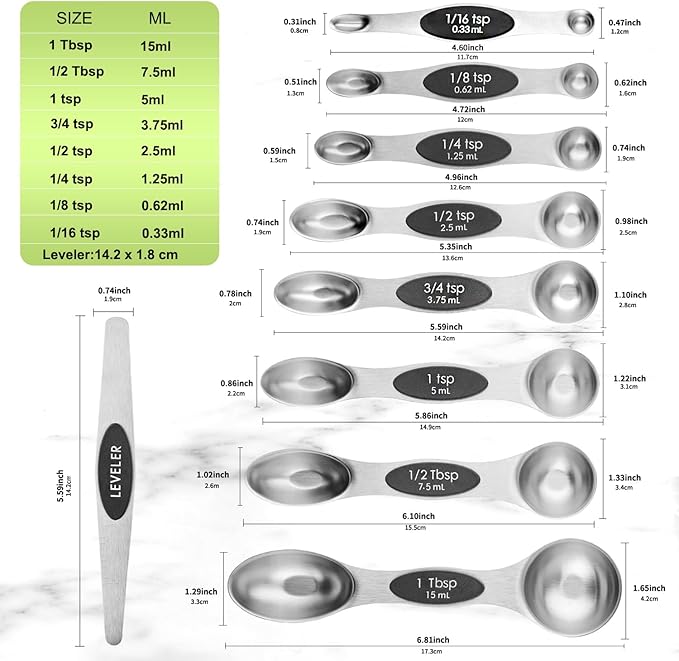 Magnetic Measuring Spoons Set Stainless Steel with Leveler, Dual-Sided Metal Measuring Spoons for Baking & Cooking, Fits in Spice Jars, Must-have Kitchen Gadgets, 8 Measuring Spoons & 1 Leveler, Black