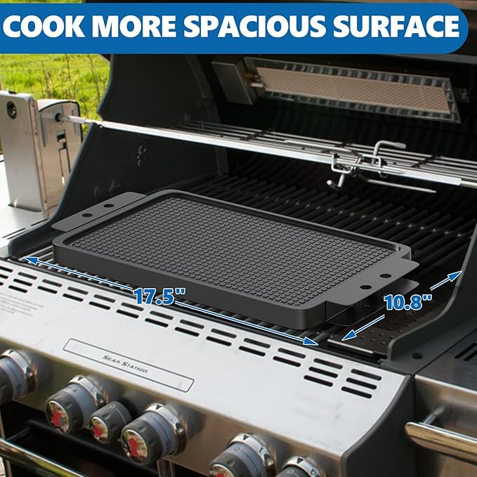 SafBbcue Upgraded 2-IN-1 Reversible Cast Iron Griddle, 17.5 x 10.8 Inch Griddle Pan with Silicone Cooling Handle, Griddle for Gas Stove, Electric, Flat Top, Portable for Stovetop or Outdoor Camping