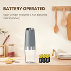 Gravity Electric Salt And Pepper Grinder Set, Automatic Salt And Pepper Grinder Set, Battery Powered (6 AAA Batteries Each), Adjustable Roughness, LED Light, 2 Pack, (Light Grey)