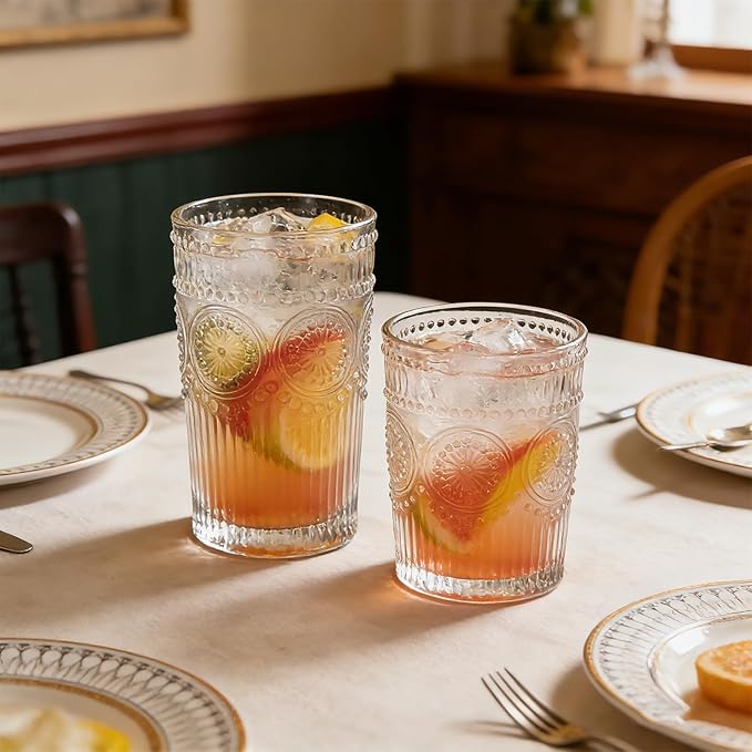 Loivttvv 12pcs Vintage Drinking Glasses Set, 12 oz Highball Glasses & 9 oz Embossed Ribbed Glassware Cups for Cocktail, Water, Juice, Coffee, Whiskey (Clear)