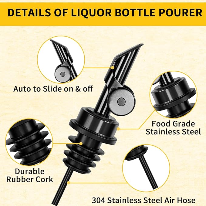 6 Pcs Auto Flip Liquor & Oil Pour Spout, 304 Stainless Steel Dispenser Spout for Olive Oil, Alcohol, Wine, Vinegar, Home & Bar Essential Tools, Black