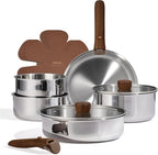 CAROTE 13pcs Tri-Ply Stainless Steel Cookware Set with Detachable Handle, Pots and Pans Set, Induction Kitchen Cooking Sets, RV/Camping Cookware, Oven Safe, Woodgrain Style
