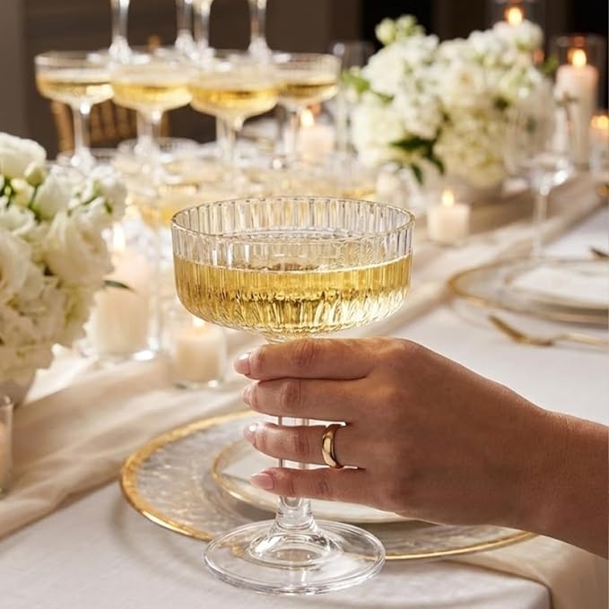 Premium ACRYLIC Champagne Tower Kit | 20 Stackable 7 oz Plastic Coupe Flutes | Reusable & Shatterproof Clear Plastic Glasses for Wedding Receptions, Birthday Parties, and Special Events, Clear Tall