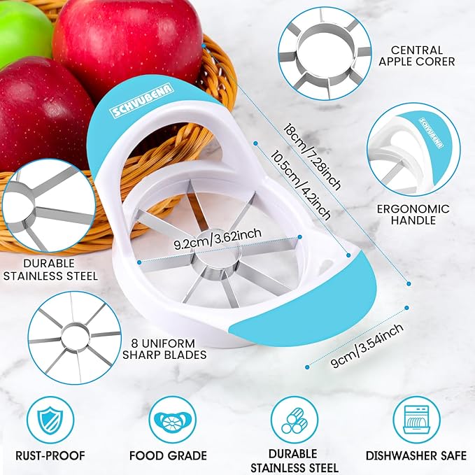 SCHVUBENR 3.5 Inch Apple Slicer - Professional Apple Cutter - Stainless Steel Apple Corer - Super Sharp Apple Slicer and Corer - Apple Tool with 8 Sharp Blades(Blue)