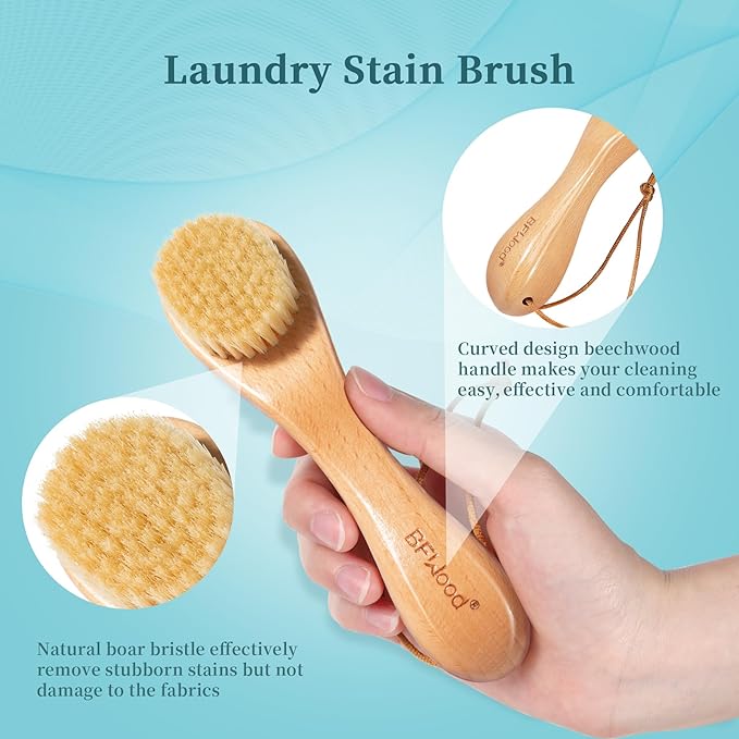 BFWood 2PCS Laundry Stain Brush - Natural Soft Boar Bristles, Removes Tough Stains from Delicate Fabrics Like Knits, Cotton, and Linens, Gentle on Fabrics, No Damage