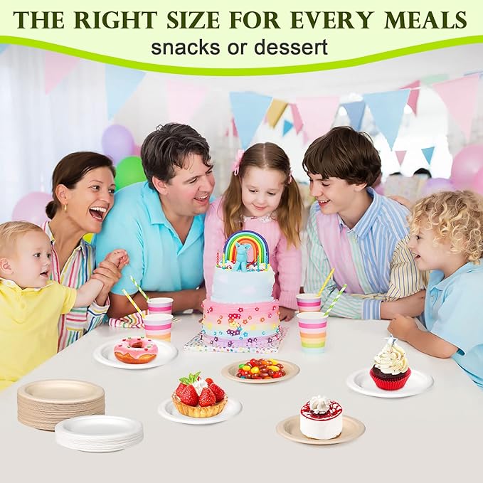 Small Paper Plates 6 inch, 200 Pack Compostable Disposable Plates for Dessert, Cake, Appetizer