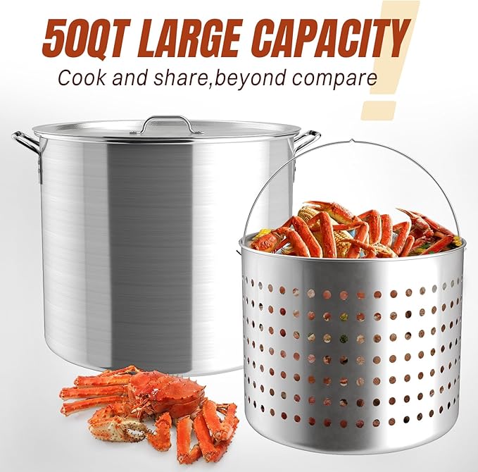 50QT Crawfish Boiler Kit, Waterproof Cover & 12-inch Skimmer, 110,000BTU Propane Burner Stove, 0-20PSIG Regulator, Aluminum Seafood Boil Pot, Crab Boil Pot with Basket