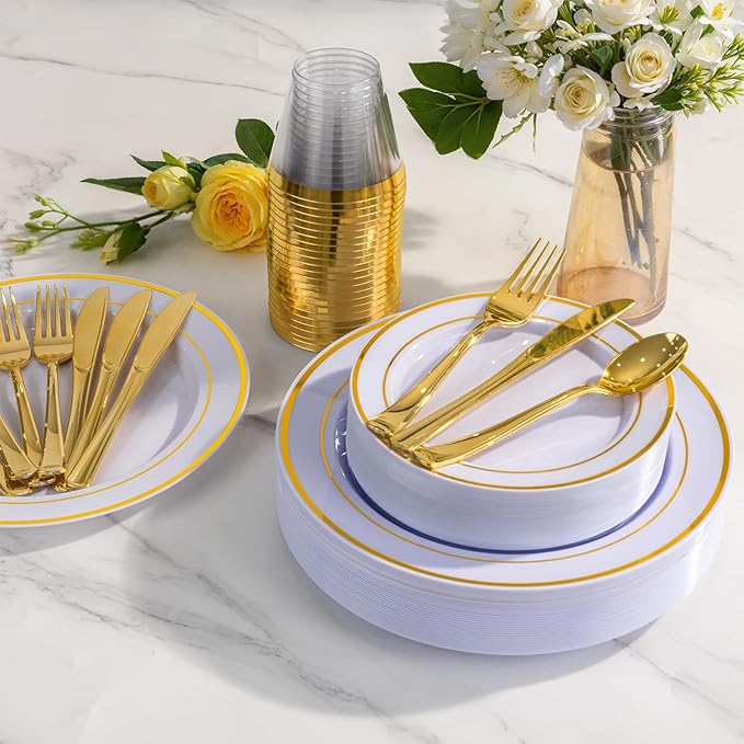 WELLIFE 300 PCS Gold Dinnerware Set for 50 Guests, Gold and White Disposable Plastic Plates for Party, 50 Dinner & Salad Plates, 50 Cups Forks Knives Spoons for Wedding and Party Supplies