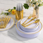 WELLIFE 600 PCS Gold Disposable Dinnerware Set for 100 Guests, Gold and White Plastic Plates for Party, 100 Each-Dinner & Salad Plates, Cups, Forks Knives Spoons for Christmas Wedding and Party