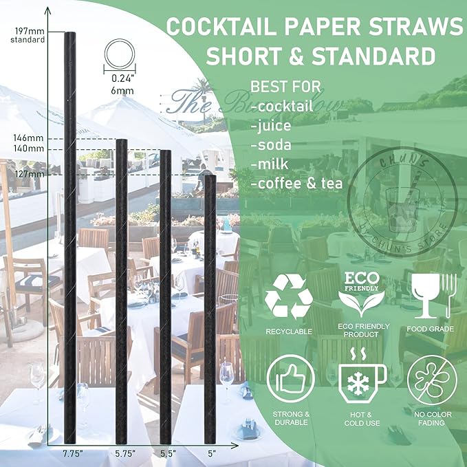 Short Paper Straws Bulk 5.5 inch - 500 ct. Disposable Black Paper Drinking Straw, Sip Stirrers for Cocktail, Coffee and Short Drinks