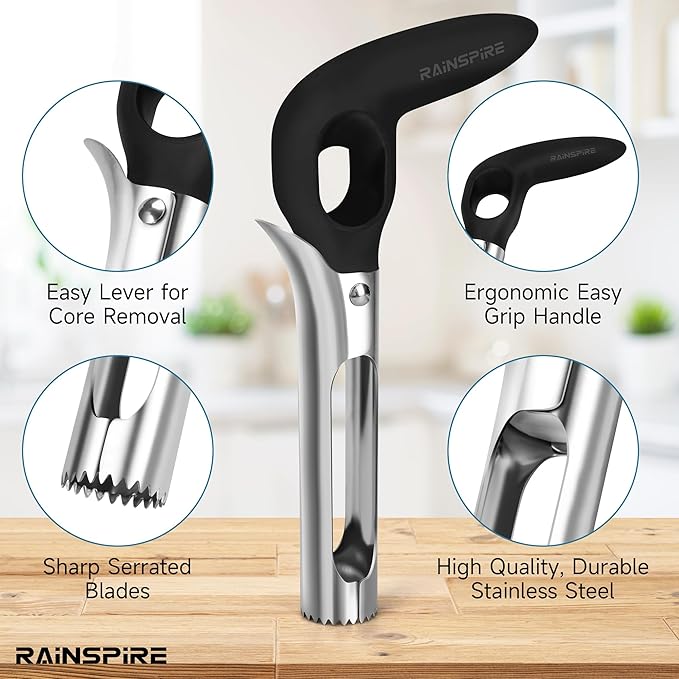 Upgraded Handle Premium Apple Corer Tool, Ultra Sharp, 304 Stainless Steel, Dishwasher Safe, Serrated Blades for Easy Coring, Black