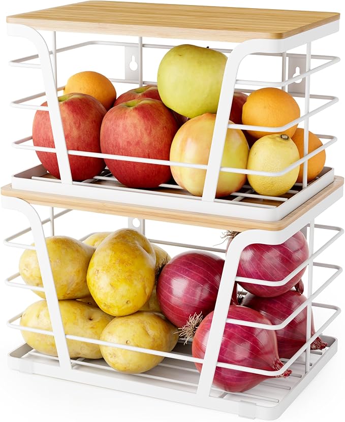 Extra Large 2 Pack Potato and Onion Storage Bins, Potato and Onion Storage Baskets with Bamboo Top, Trash Bag Dispenser, Storage Stackable for Kitchen Laundry Organizers, White