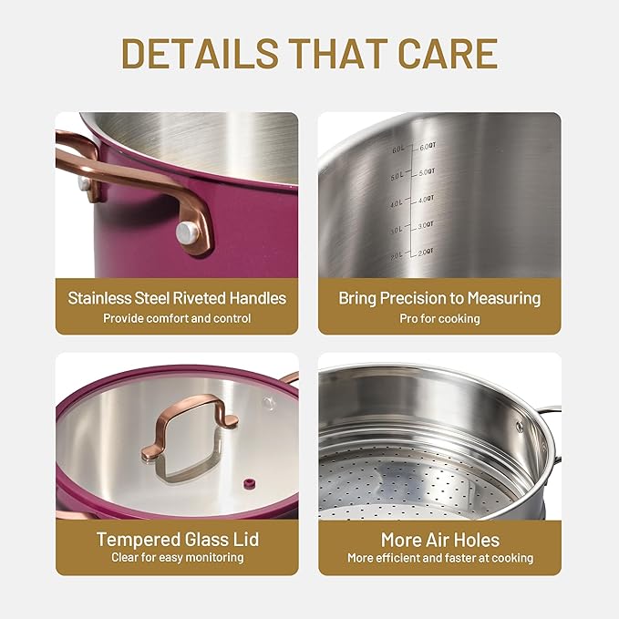 CAROTE 8QT Full Clad Tri Ply Stainless Steel Stock Pot with Lid, Kitchen Stockpot Soup Pot, Outer Ceramic Layer, Even Heating, All Stoves Compatible, Oven & Dishwasher Safe, Stay Cool Handle, Purple