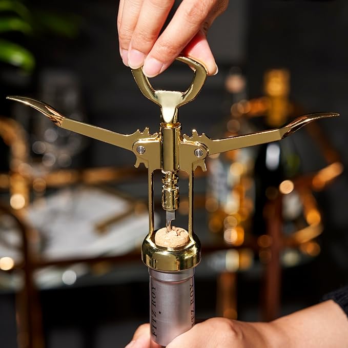 Viski Winged Corkscrew Wine Bottle Opener, Gold Plated Finish, Non-stick Coated Worm, 9.25"